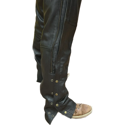 Detail view of Eagle Leather Double Zipper Rally Chaps showing dual side zippers and snap button closures.