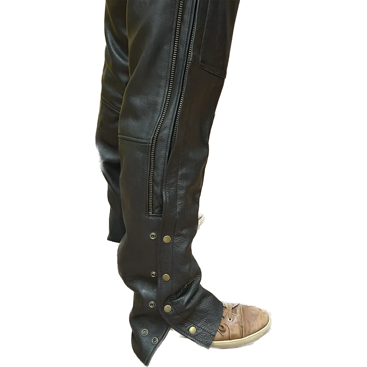 Detail view of Eagle Leather Double Zipper Rally Chaps showing dual side zippers and snap button closures.