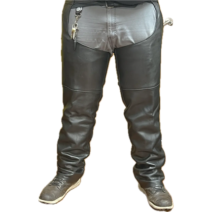 Front view of Eagle Leather Double Zipper Rally Chaps in black cowhide with double side zippers and cowboy pockets.