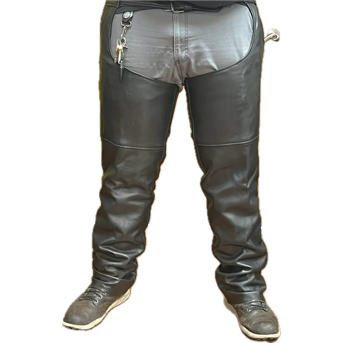 Front view of Eagle Leather Double Zipper Rally Chaps in black cowhide with double side zippers and cowboy pockets.