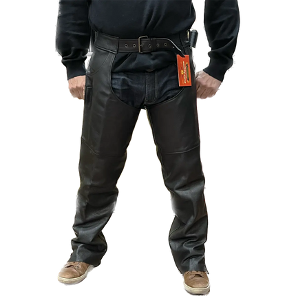 Front view of Eagle Leather Double Zipper Rally Chaps made from black leather with cowboy pockets and dual side zippers for layering.