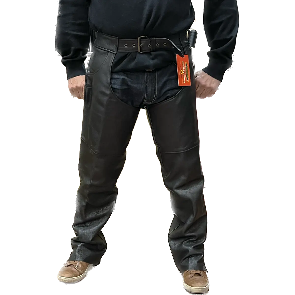 Front view of Eagle Leather Double Zipper Rally Chaps made from black leather with cowboy pockets and dual side zippers for layering.