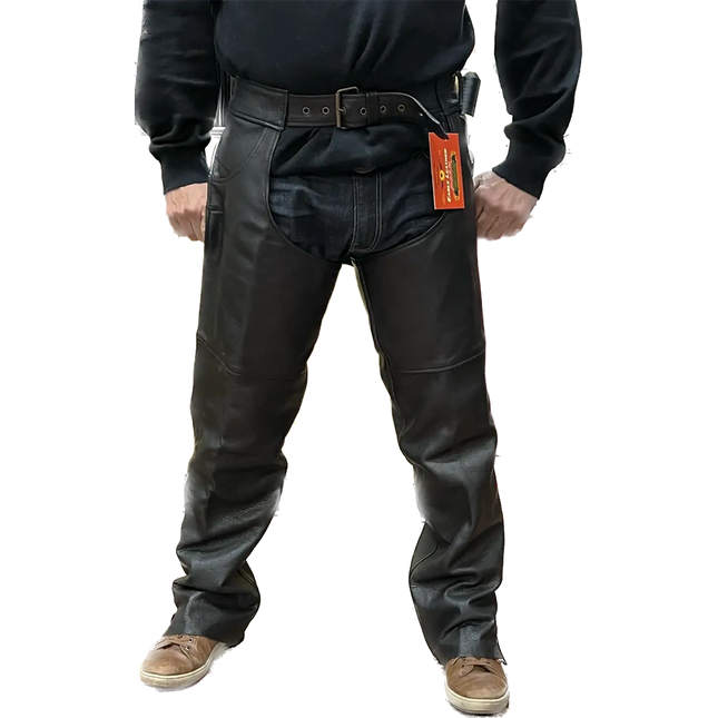 Front view of Eagle Leather Double Zipper Rally Chaps made from black leather with cowboy pockets and dual side zippers for layering.