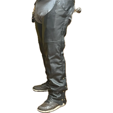 Side view of Eagle Leather Double Zipper Rally Chaps in black cowhide with double side zippers and snap closures.