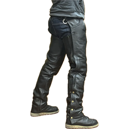 Side view of Eagle Leather Double Zipper Rally Chaps with cowboy pockets and dual side zippers for easy layering.