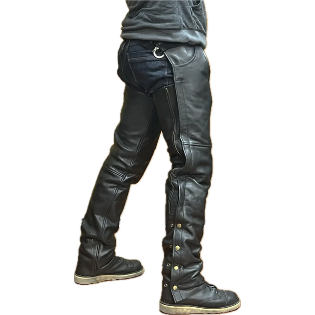 Side view of Eagle Leather Double Zipper Rally Chaps with cowboy pockets and dual side zippers for easy layering.