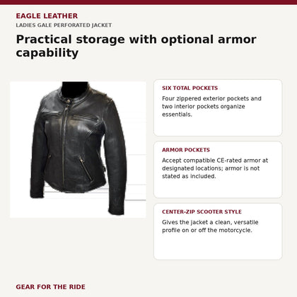Ladies Gale perforated jacket storage and armor pocket features