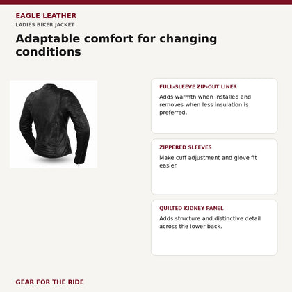 Ladies Biker jacket removable liner cuff and back comfort features