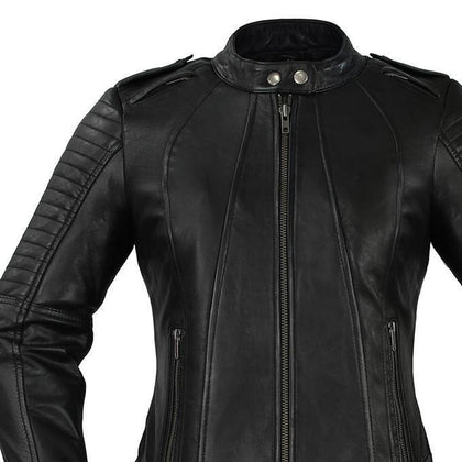 Ladies Biker jacket quilted shoulder and stand collar detail