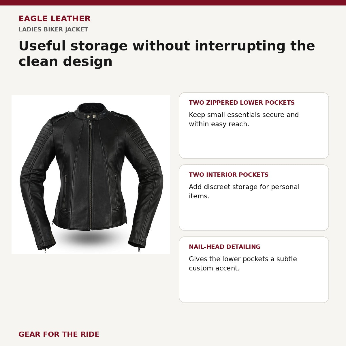 Ladies Biker jacket exterior and interior storage features