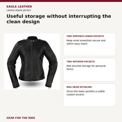 Ladies Biker jacket exterior and interior storage features