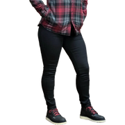 Black women’s Kevlar motorcycle jeggings, front view