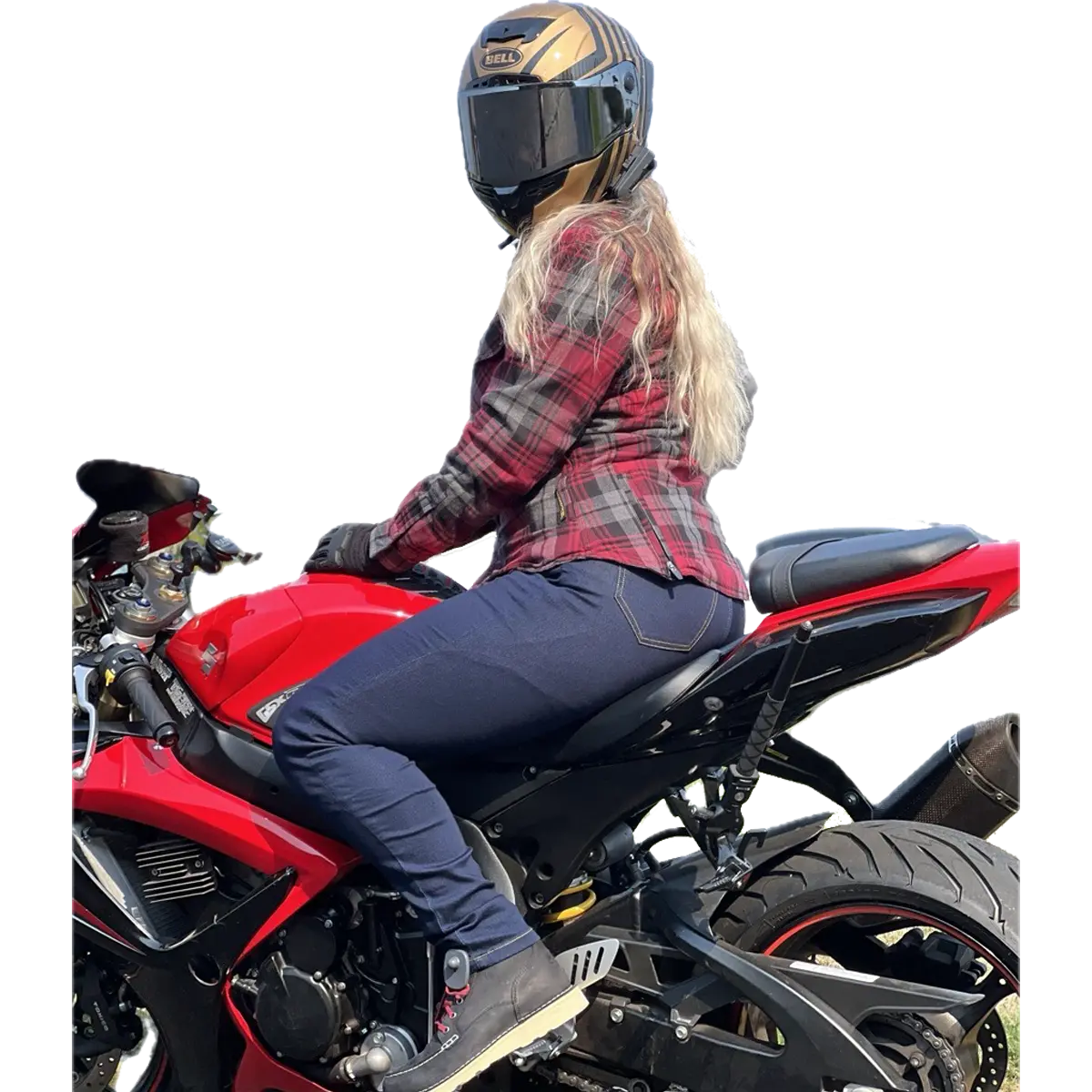 Blue women’s Kevlar motorcycle jeggings on a motorcycle, side view