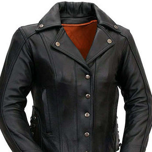 Ladies Updated M.C. leather jacket five snap front collar and liner detail