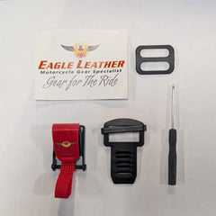 Motorcycle helmet quick-release buckle kit with red pull tab, strap hardware, screwdriver, and Eagle Leather sticker