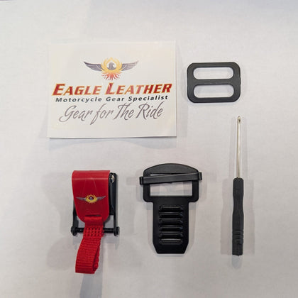 Motorcycle helmet quick-release buckle kit with red pull tab, strap hardware, screwdriver, and Eagle Leather sticker
