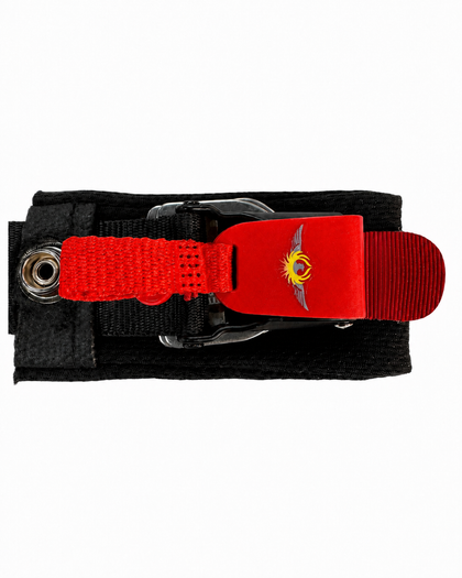 Eagle Leather motorcycle helmet quick-release buckle with red pull tab and strap hardware