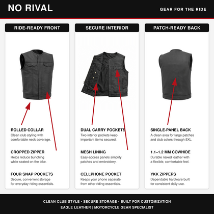 No Rival leather club vest feature and benefit overview