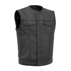 No Rival black leather motorcycle club vest front view