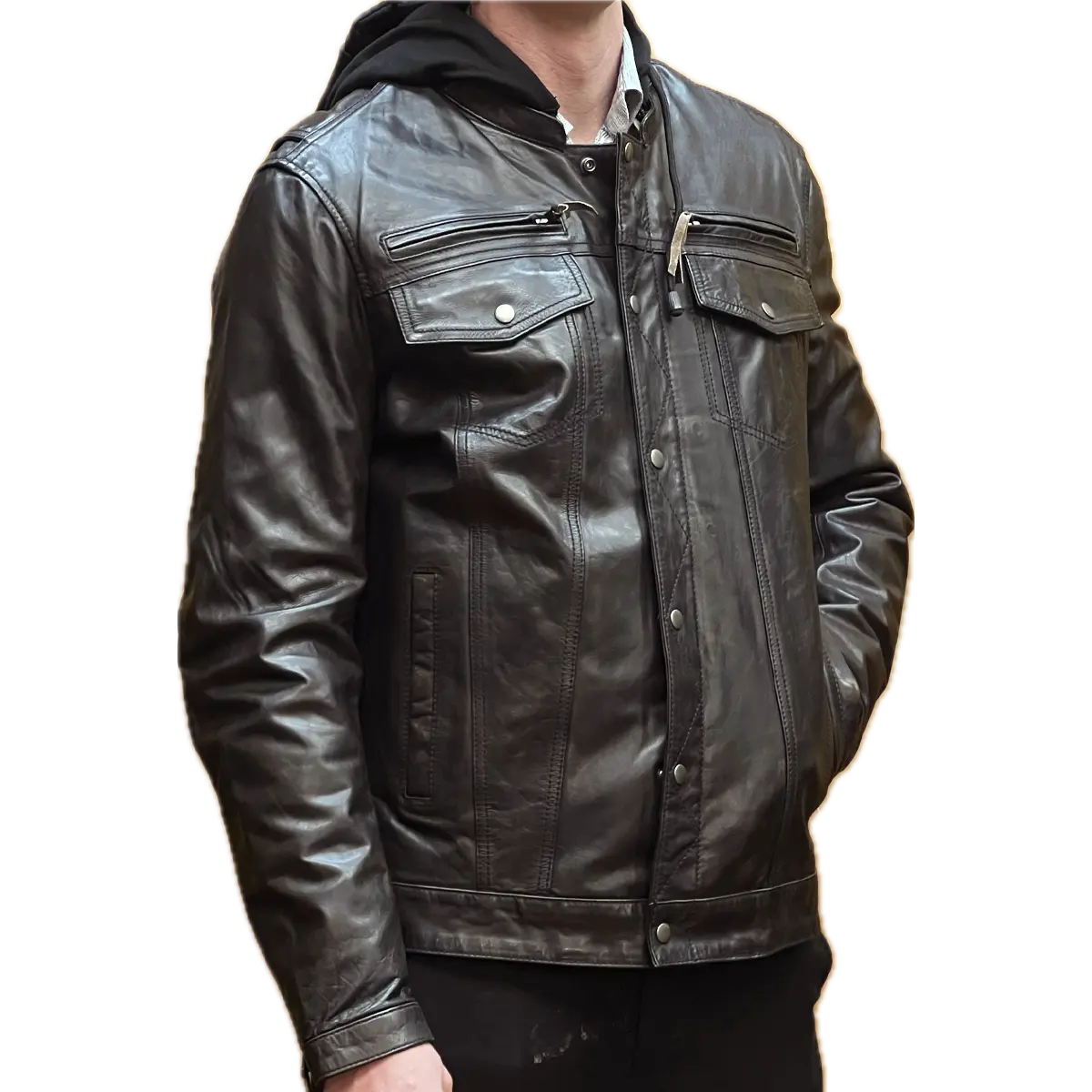 Front view of the Eagle Leather Tall Vendetta hooded motorcycle jacket