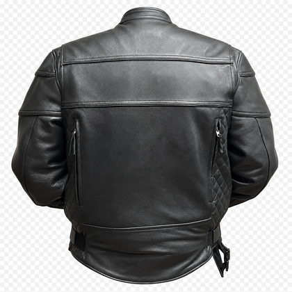 Eagle Leather Luminescent men's black leather motorcycle jacket, body-free back view showing reflective piping, vents, action back and side stretch panels