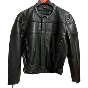 Eagle Leather Luminescent men's black leather motorcycle jacket, body-free front view on Eagle Leather hanger