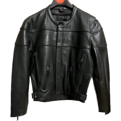 Eagle Leather Luminescent men's black leather motorcycle jacket, body-free front view on Eagle Leather hanger