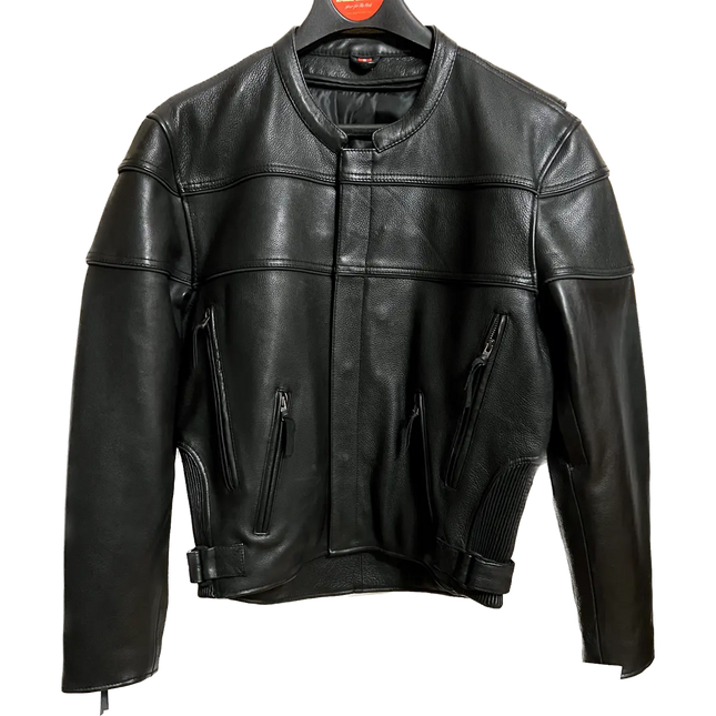 Eagle Leather Luminescent men's black leather motorcycle jacket, body-free front view on Eagle Leather hanger