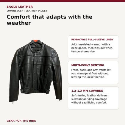 Luminescent jacket feature and benefit overview for removable liner, multi-point venting and 1.2–1.3 mm cowhide