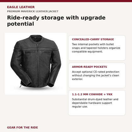 Premium Maverick feature and benefit overview for concealed-carry storage, armor pockets, cowhide and YKK zippers