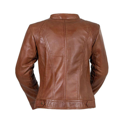 Favorite women's whiskey brown sheep leather jacket back view