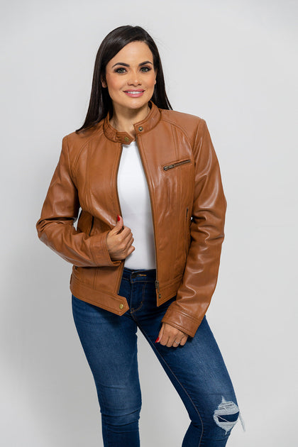 Favorite women's whiskey brown sheep leather jacket front view on model