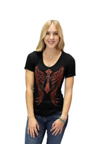 Ladies Red Wings Cross Shirt: Burnt orange cross and wings on V-neck tee