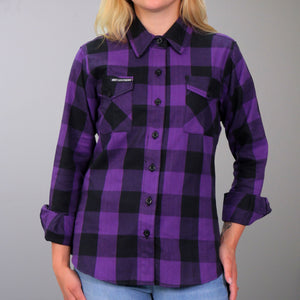 Hot Leathers Ladies Flannel: Features:

100% Heavyweight Cotton
Button Down Front and Chest Pockets
Double Button Cuff
Pencil