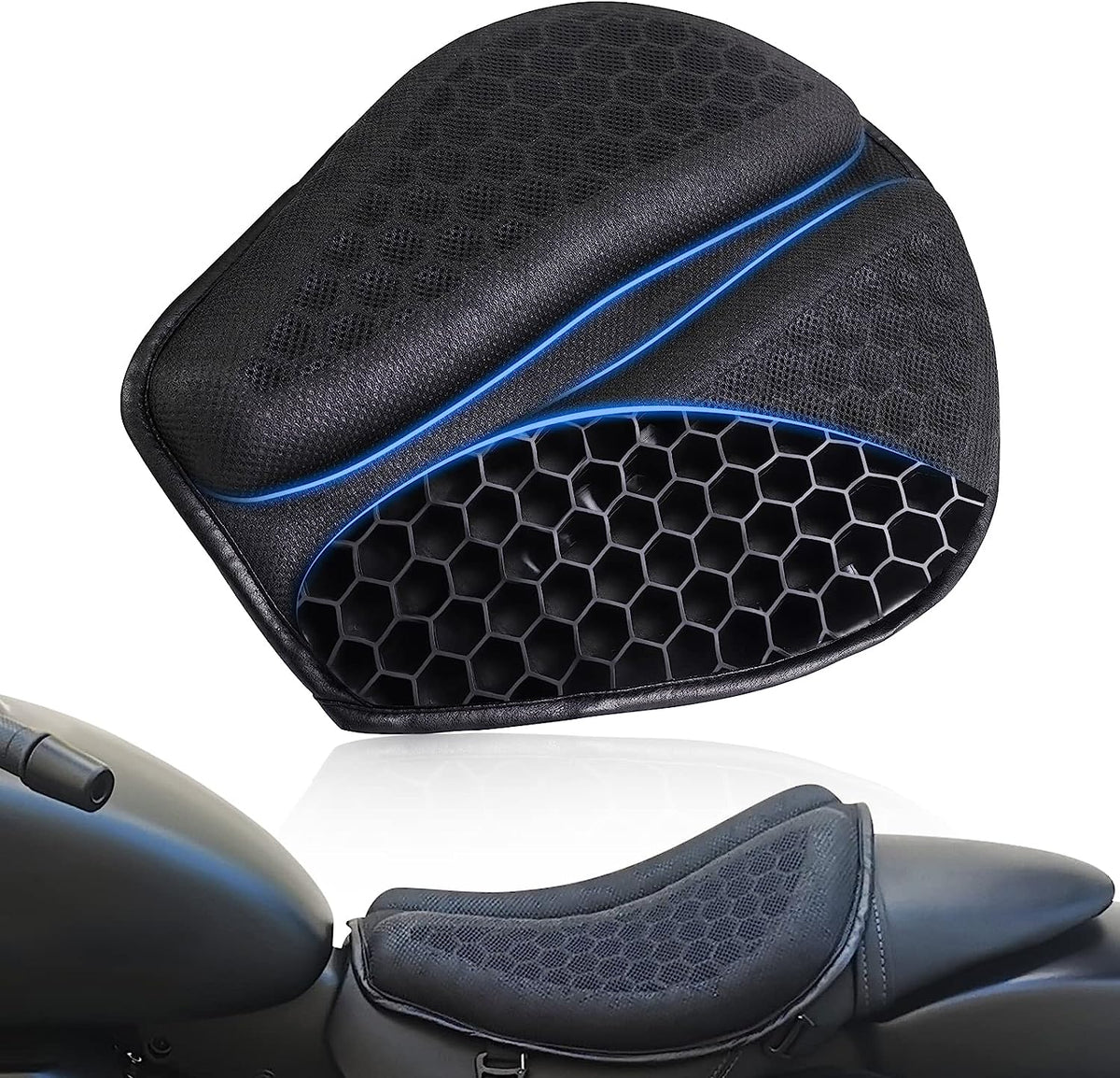 Foldable motorcycle gel seat cushion installed on a motorcycle seat
