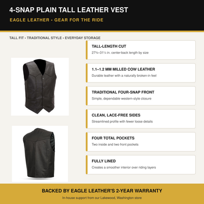Eagle 4-Snap Plain Tall leather vest features and benefits overview