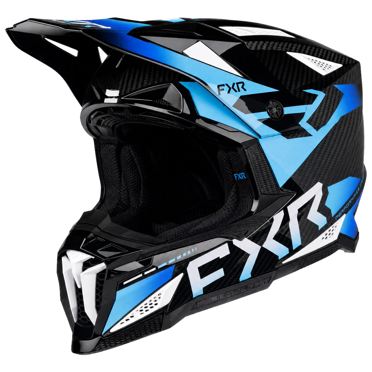 FXR Helium Alpha Carbon MX MIPS Helmet, Aurora blue, front three-quarter view