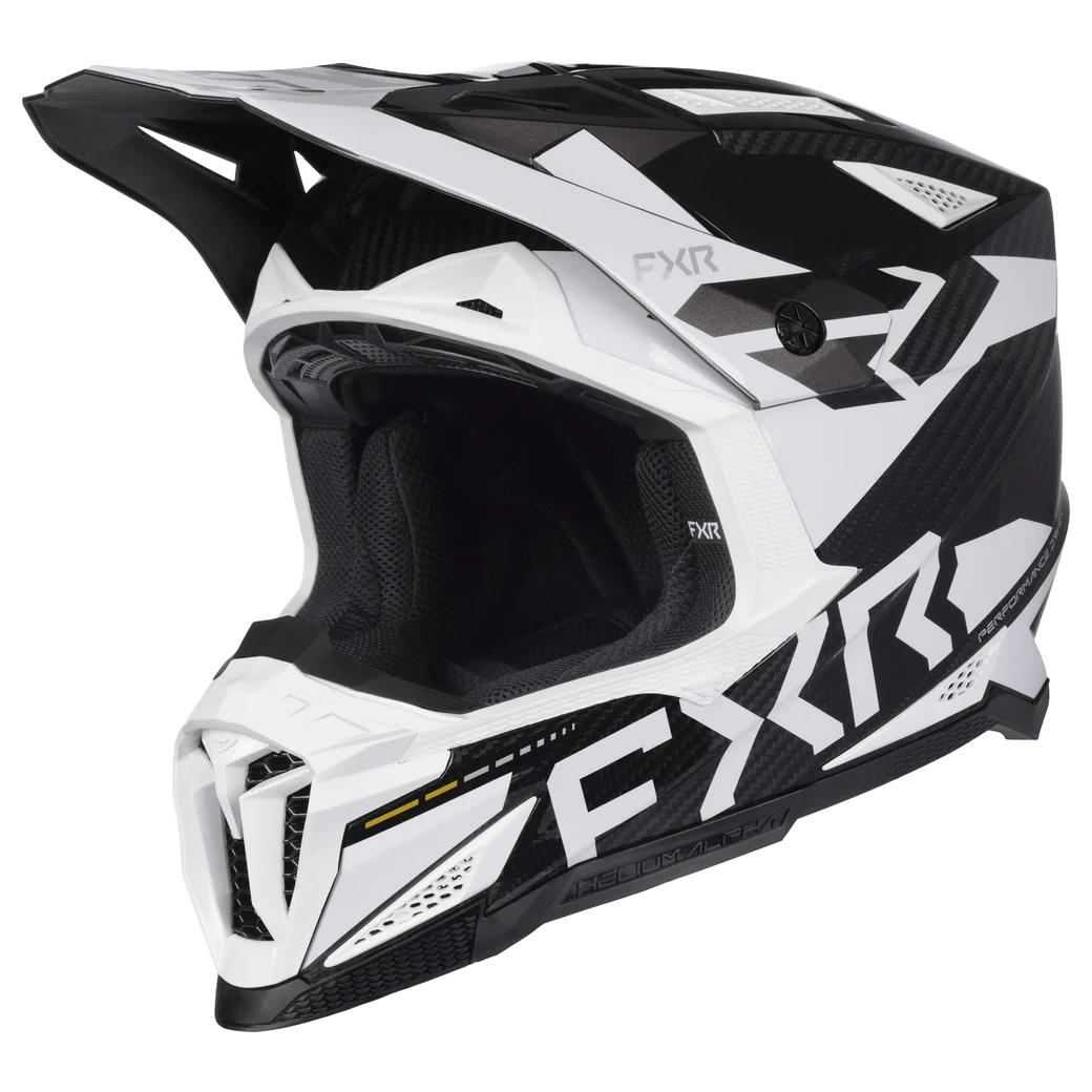 FXR Helium Alpha Carbon MX MIPS Helmet, Tux black and white, front three-quarter view