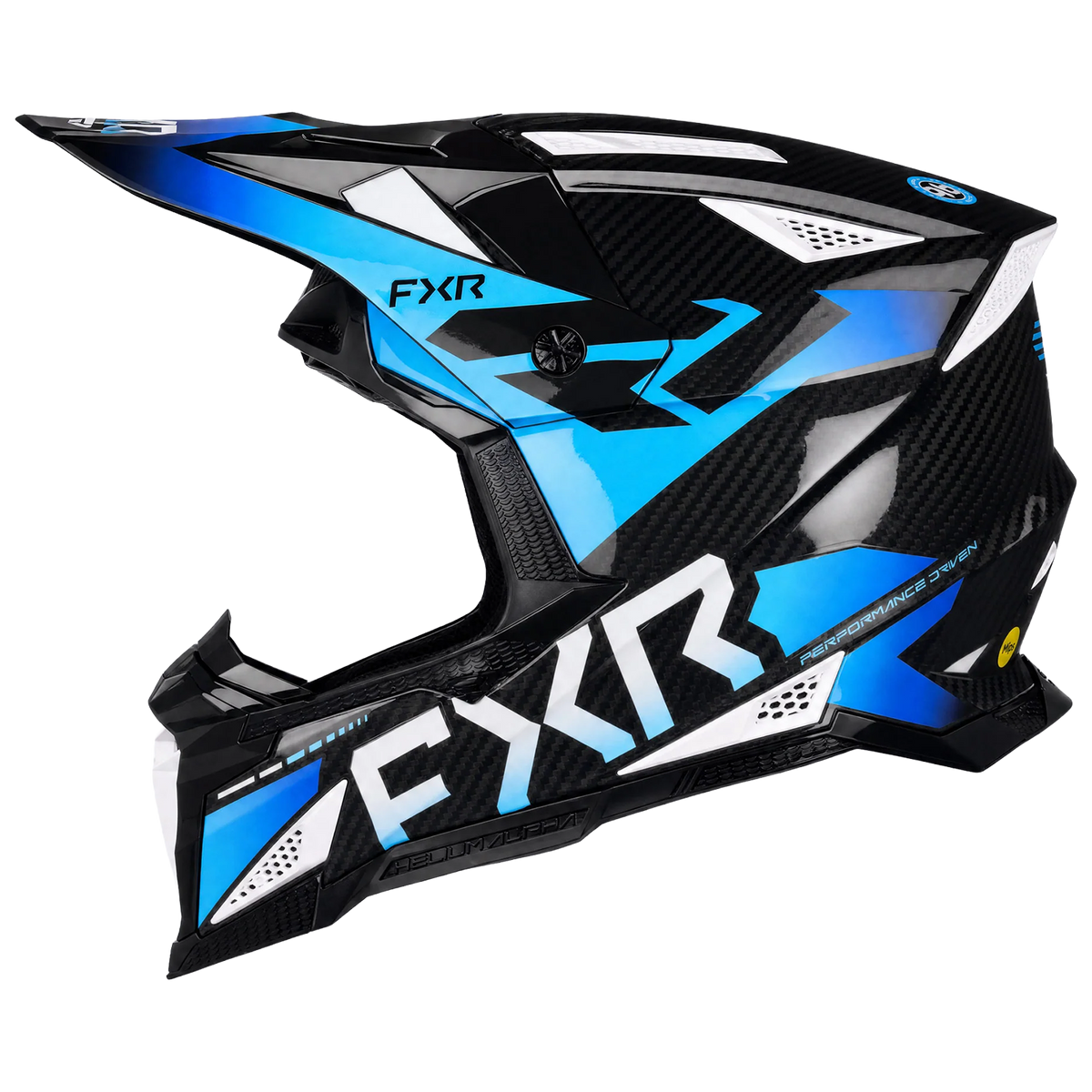 FXR Helium Alpha Carbon MX MIPS Helmet, Aurora blue, left side