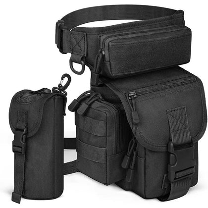 Drop Leg Bag with Water Holder: Polyester 
Extremely adjustable - fits most (32"-50" waist strap) 

Waist and leg attachment 