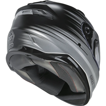 Bottom rear angle of GMAX full-face motorcycle helmet in black and silver gradient showing rear vents, padded neck roll, and DOT certification.