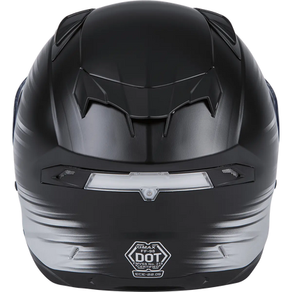 Rear view of GMAX full-face motorcycle helmet in black and silver gradient with DOT certification label.