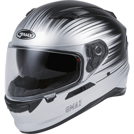 GMAX full-face motorcycle helmet with black and silver gradient graphics, clear visor view.