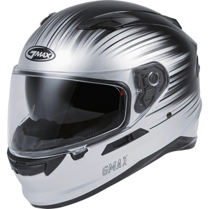 GMAX full-face motorcycle helmet with black and silver gradient graphics, clear visor view.