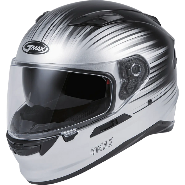 GMAX full-face motorcycle helmet with black and silver gradient graphics, clear visor view.
