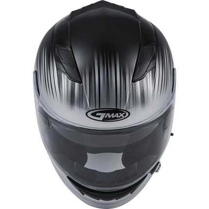 Top view of GMAX full-face motorcycle helmet in black and silver gradient showing ventilation design and aerodynamic styling.