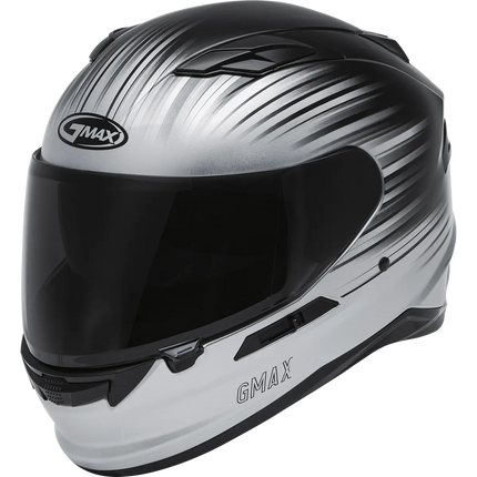 GMAX full-face motorcycle helmet in black and silver gradient graphic design.