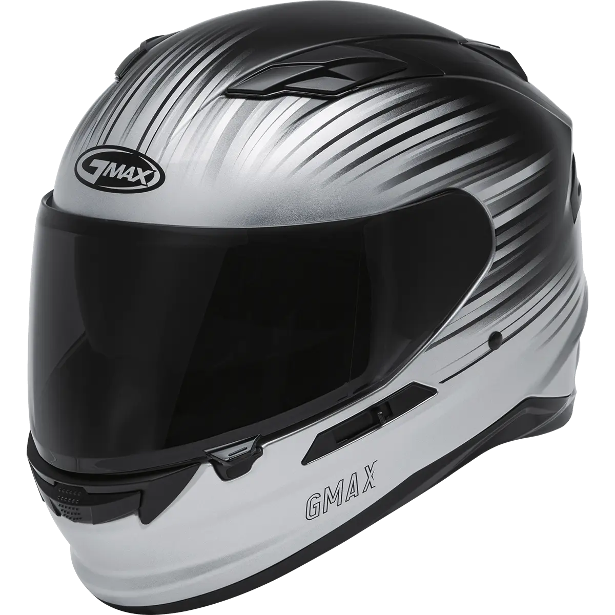 GMAX full-face motorcycle helmet in black and silver gradient graphic design.