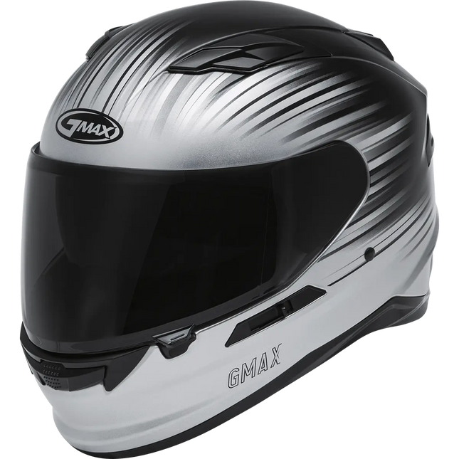 GMAX full-face motorcycle helmet in black and silver gradient graphic design.