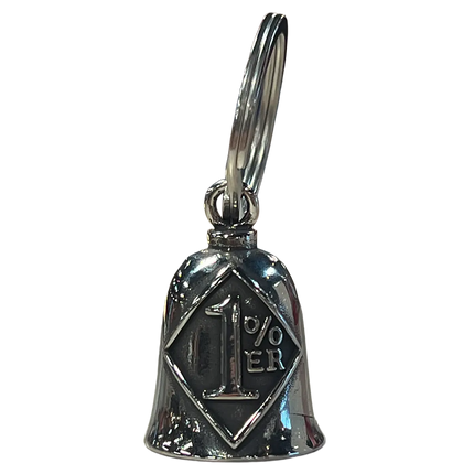 Silver motorcycle Guardian Bell with a diamond-shaped “1% ER” design engraved on the front, attached to a key ring.